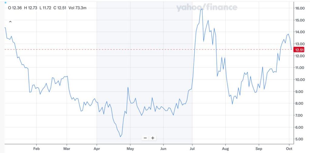 TSLLの株価推移（2024年9月時点）