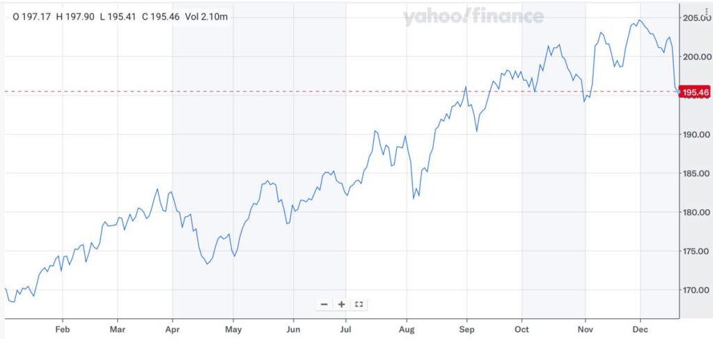 VIGの株価推移（2024年12月時点）